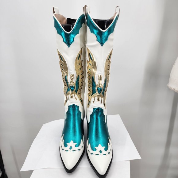 AZALEA WANG Apolline White Tall Cowboy Boots Turquoise & Gold Accents 6-10 NIB - Picture 8 of 12